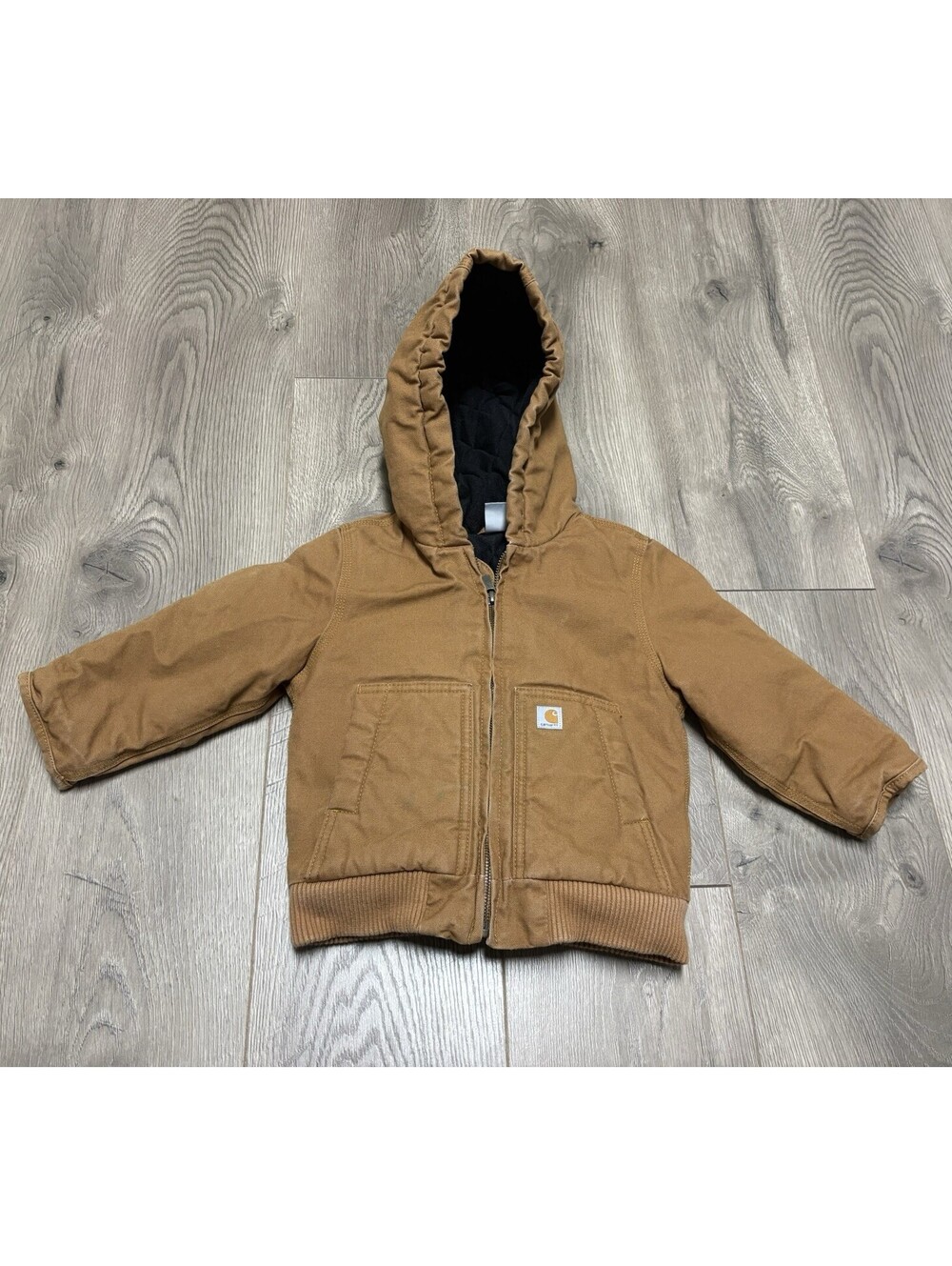 Carhartt Jacket Kids 3T Brown Canvas Hooded Full Zip Insulated Bomber Workwear